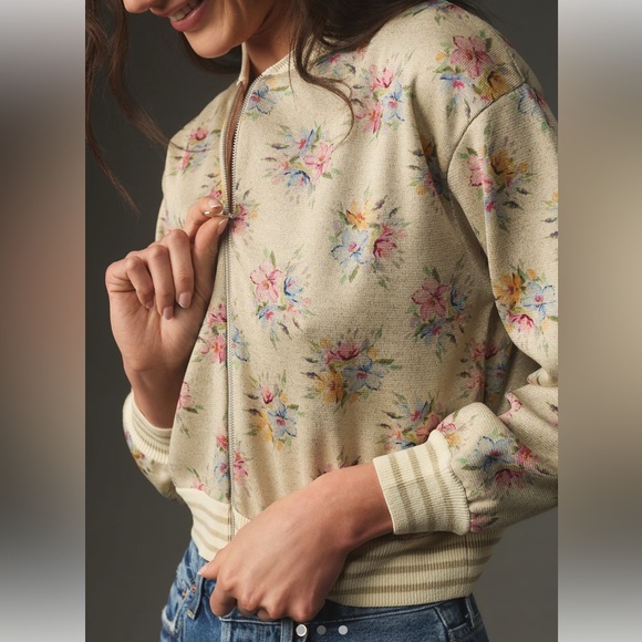 Maeve {Anthropologie} lurex floral printed knit bomber jacket - size L BNWT 🌸 - Picture 2 of 5